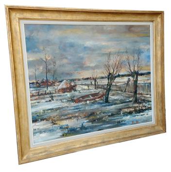 Winterlandschap met knotwilgen, bootje en water