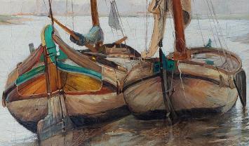 Twee Tjalken naast elkaar op het water 1884