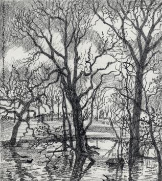 Tekening van P. Van Dessel uit 1986, Watersnood