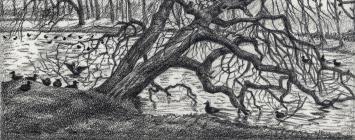 Tekening van P. Van Dessel uit 1986, winter in het park