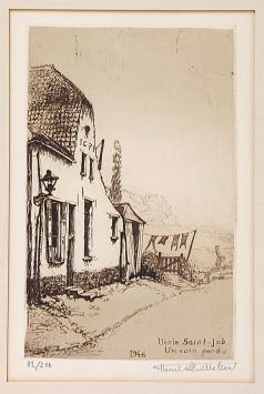 De Belgische kunstenaar Henri Quittelier met een ets