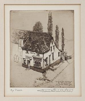 De Belgische kunstenaar Henri Quittelier met een ets van Ukkel