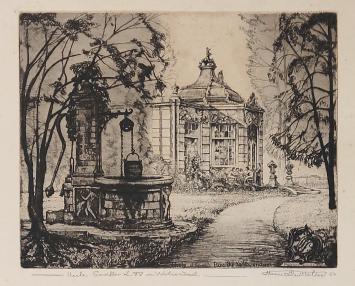 Kunstwerk van H. Quittelier kopen, ets van een zicht op paviljoen Lodewijk XV