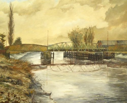 Rivier met stalen brug (Mira- Brug)