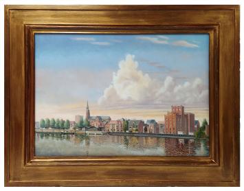 Rudi De Vos met een schilderij op bord geschilderd