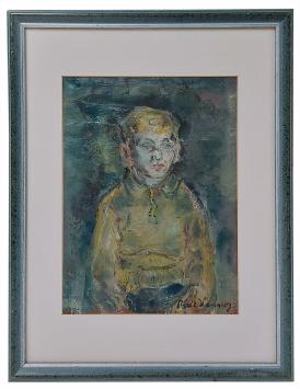Jongetje met geel groen trui, René De Lannoy, ca. 1950. Expressief portret van een jongen in olieverf op papier.