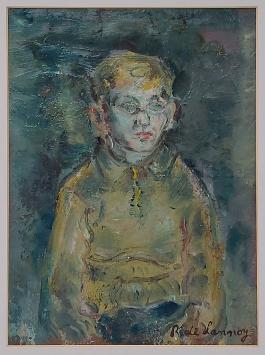 Boy in green-yellow sweater, René De Lannoy, ca. 1950. Expressive portrait of a boy in oil on paper.