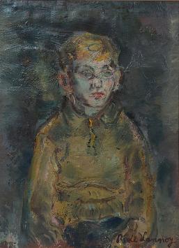 Garçon au pull vert-jaune, René De Lannoy, ca. 1950. Portrait expressif d’un garçon en huile sur papier.