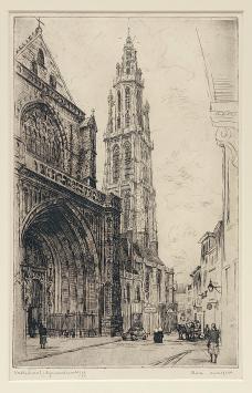 Belgische etser R. Malfliet met een ets van Antwerpse kathedraal