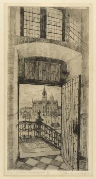 Belgische etser R. Malfliet met een ets van Sint Niklaas