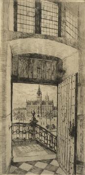 Romain Malfliet met een ets van de Handelskamer