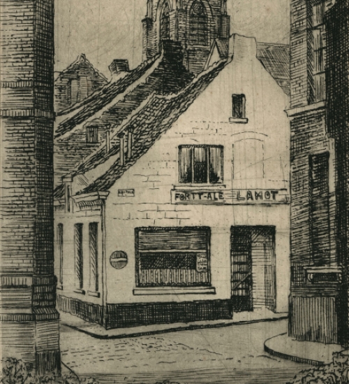 Romain Malfliet met een ets, straatje te Boom