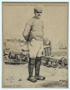 Belgische kunstenaar R. Schönberg met een ets