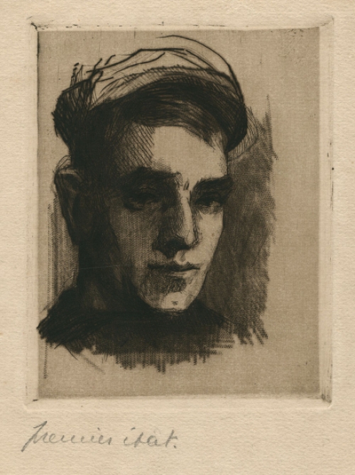 Belgische kunstenaar R. Schönberg met een ets eerste staat