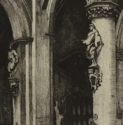 Rodolphe Schönberg met een ets van een interieur kerk