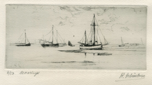 Belgische kunstenaar R. Schönberg met een ets