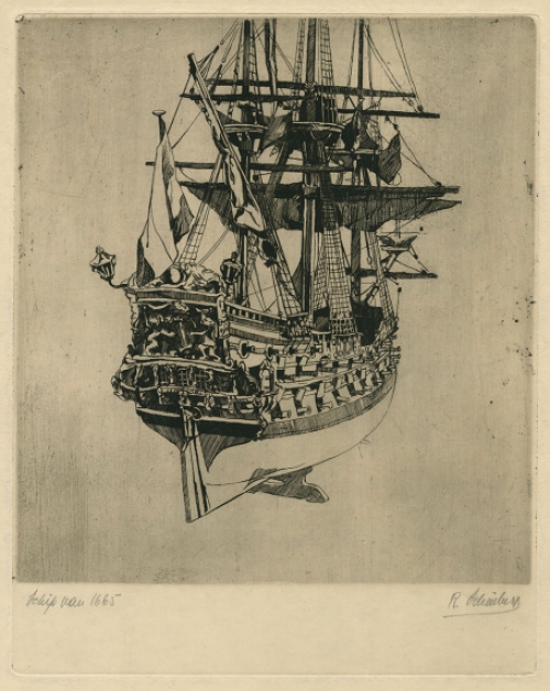 Belgische kunstenaar R. Schönberg met een ets van schip 1665