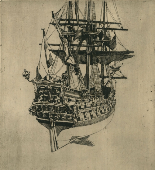 Ets van groot zeilschip geëtst door R. Schönberg