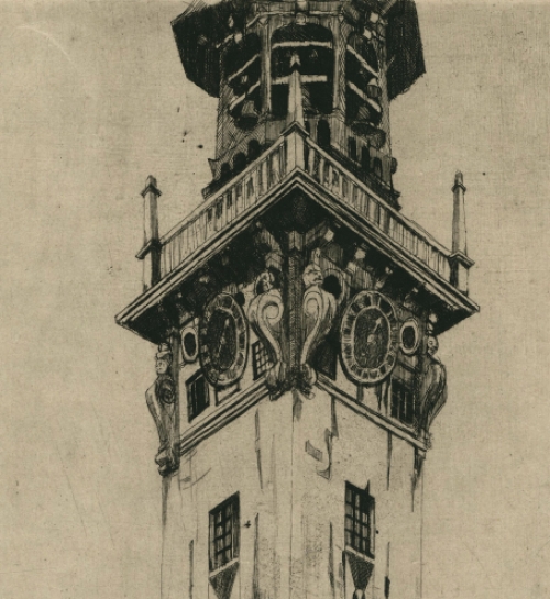 Stadhuistoren te Veere van de kunstenaar R.  Schönberg
