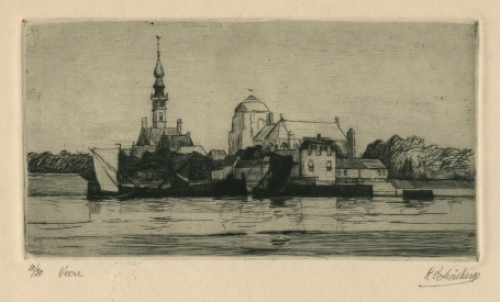 Belgische kunstenaar R. Schönberg met een ets