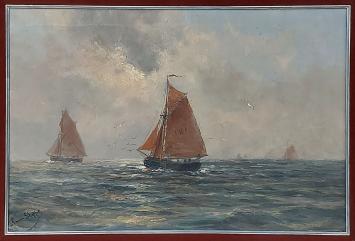 Romain Steppe met een schilderij van zeilboten