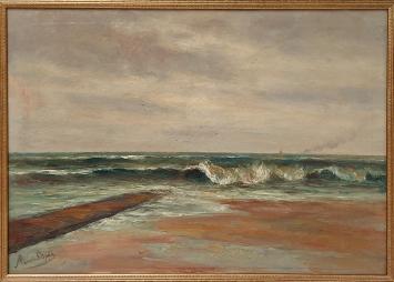 Romain Steppe met een schilderij van de Noordzee