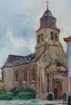 De Belgische schilder Jules Rambo met een schilderij van een kerkje