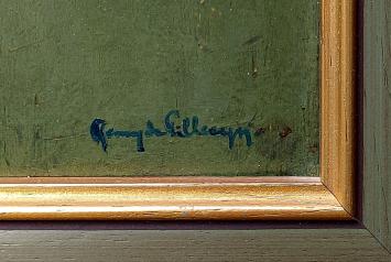 Mannenportret, man met snor en bril die bedenkelijk kijkt