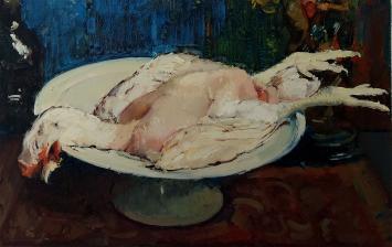 Geplukte kip op de tafel 1975