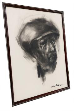 Houtskool, karakterkop man met snor en pet