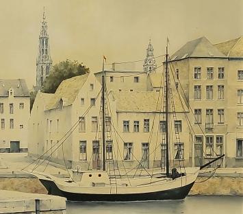 Renaat Bosschaert met een schilderij van Antwerpen