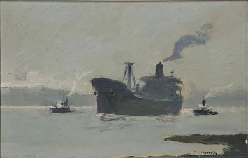 René Marie Dujardin met zicht op boot en sleepboten