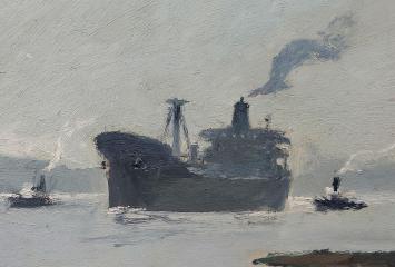 Schip met twee sleepboten op de Schelde
