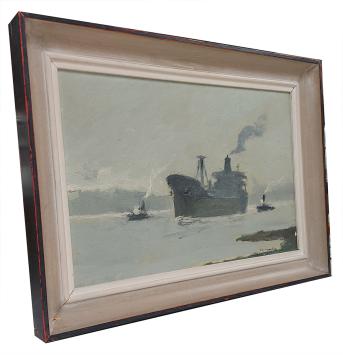 Schip met twee sleepboten op de Schelde