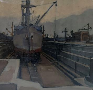 René Engelen met een zicht op een Antwerps droogdok