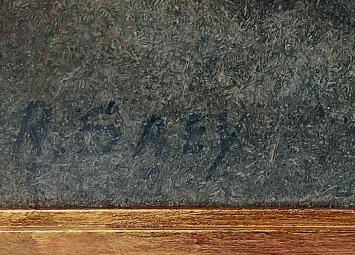 René Saey met een klein schilderij op bord geschilderd