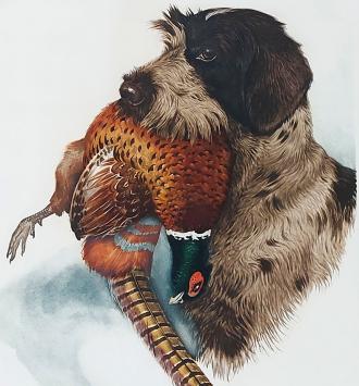 Boris Riabouchinsky met een litho van een hond