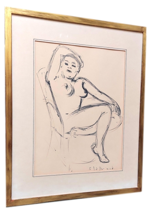 Rik Slabbinck met een tekening van een naakte dame