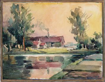 Klein schilderij op papier van Belgische schilder André Rinskopf