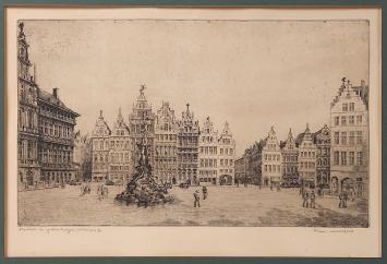 Belgische etser R. Malfliet met een ets in kader