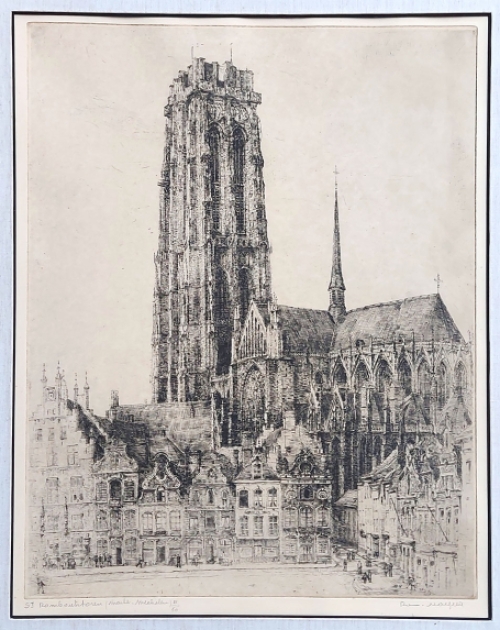 Belgische etser Romain Malfliet met een ets van Mechelen