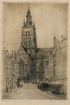 Belgische etser R. Malfliet met een ets van Tienen