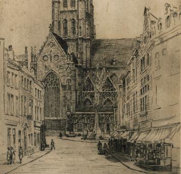 Romain Malfliet met een ets van de kerk te Tienen