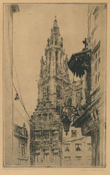 Belgische etser R. Malfliet met een Antwerpse ets