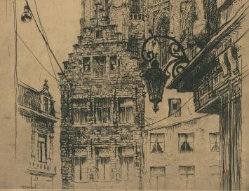 Romain Malfliet met een ets van de Pelgrimstraat