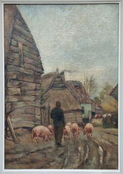 Louis Robbe  met een schilderij van varkens