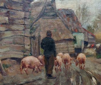 Belgische kunst van Louis Robbe, varkens op de boerderij