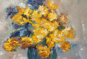 Impresionistisch Stilleven, gele en blauwe bloemen in een bolvaas