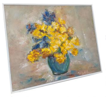 Impresionistisch Stilleven, gele en blauwe bloemen in een bolvaas