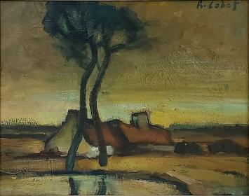 De Belgische schilder R. Colot met een landschap